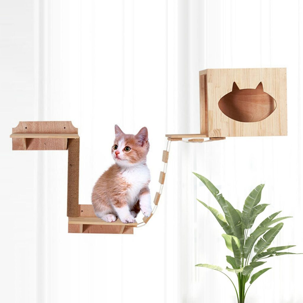 Wallmounted Wooden Cat Bridge With Hammock Sisal Scratching Post Toy