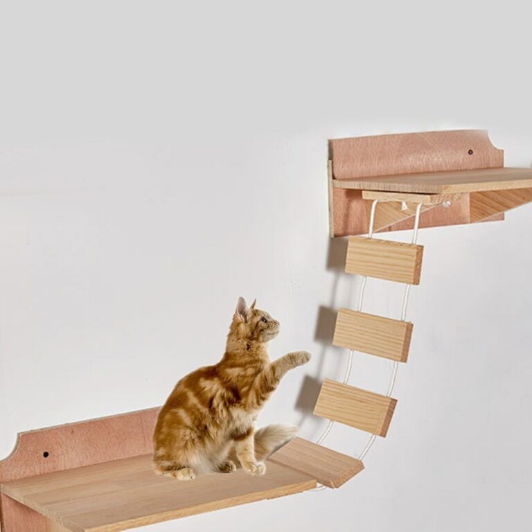 Wallmounted Wooden Cat Bridge With Hammock Sisal Scratching Post Toy