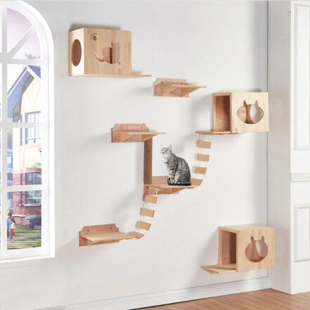 Wallmounted Wooden Cat Bridge With Hammock Sisal Scratching Post Toy